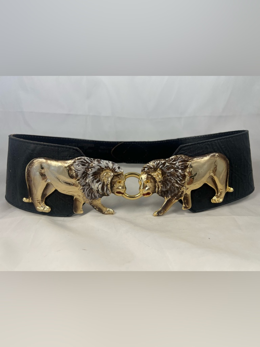 Vintage Gold Tone Double Lion Buckle Wide Black Leather Waist Belt